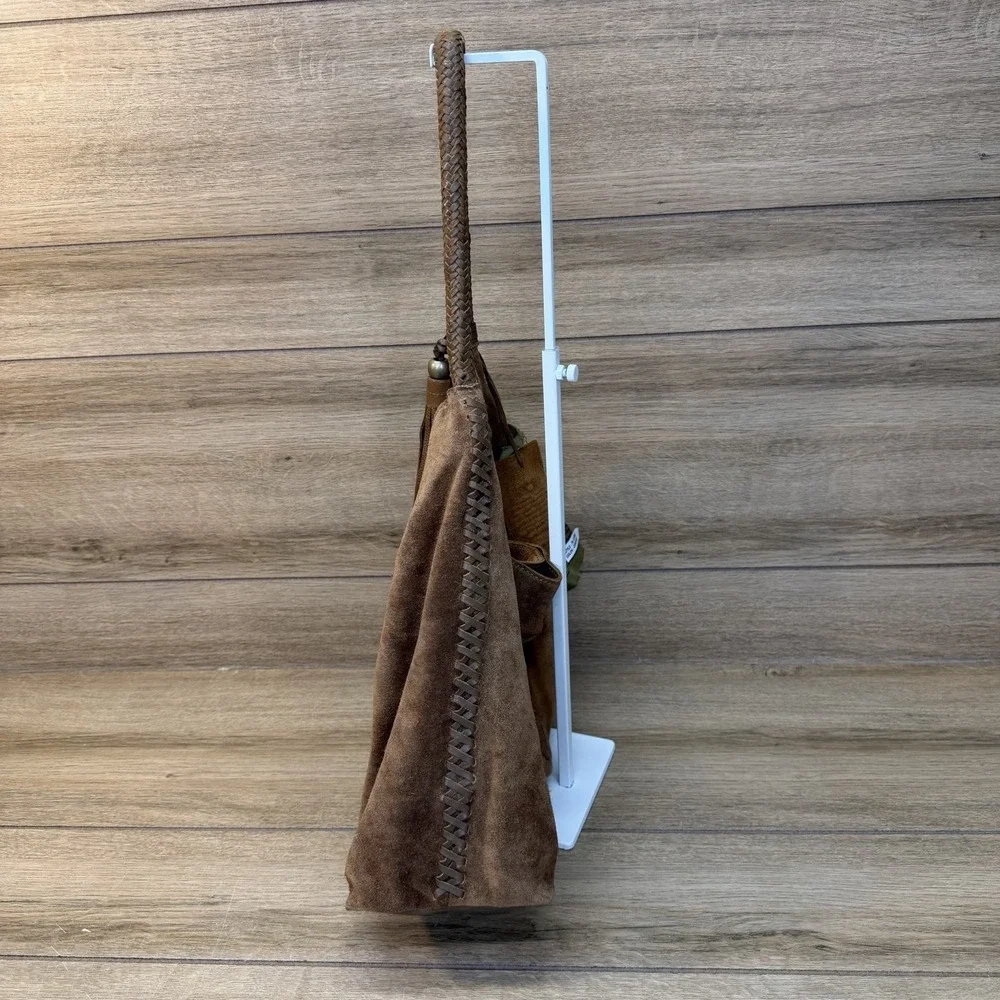 Vilenca Holland Suede Slouchy Hobo Shoulder Bag Brown Boho Whipstitch Tassel
